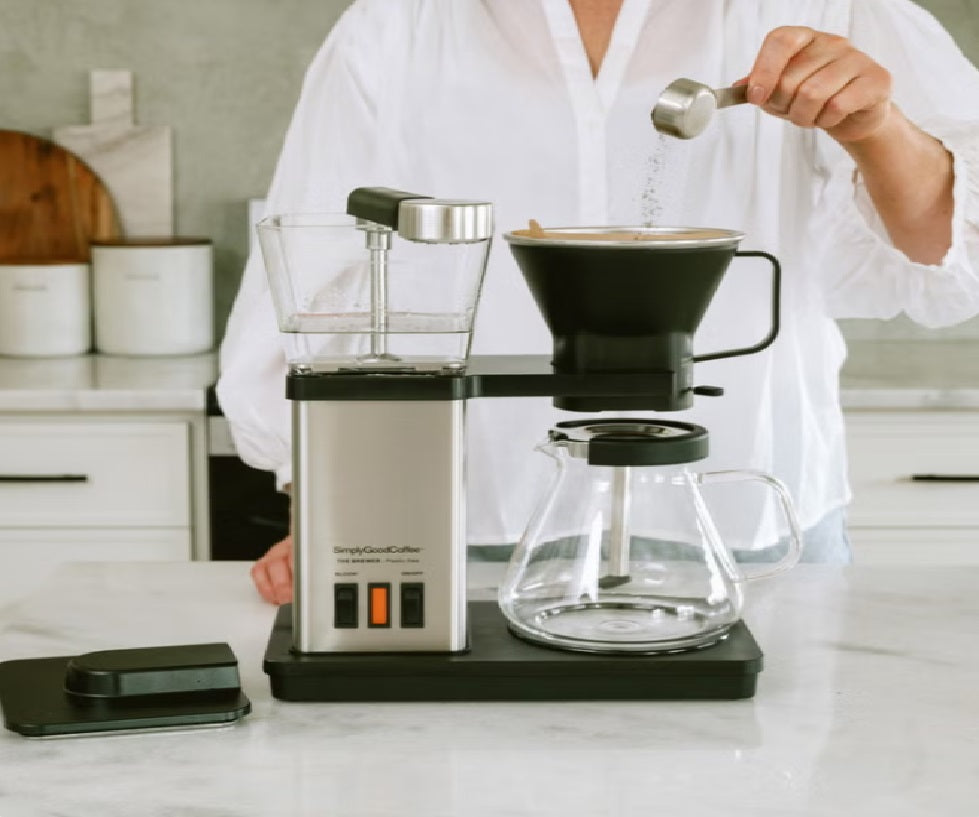 Simply Good Coffee Plastic-Free Blooming Coffee Maker | 8-Cup Automatic Brewer with Glass Carafe