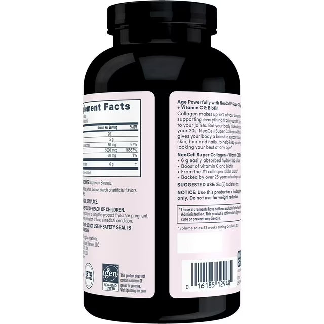 NeoCell Grassfed Collagen Peptides + Vitamin C & Biotin Caplets, 360 Count, 6,000 mg Collagen Peptides with Vitamin C & Biotin