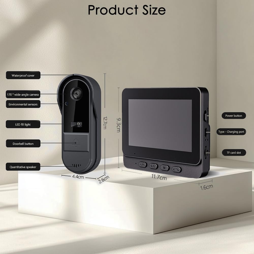 TKMARS Wireless Video Doorbell Camera with 4.3" Monitor, 1080P HD, 170° Wide Angle, Two-Way Audio, Night Vision, IP65 Waterproof, No Wi-Fi or Subscription Required