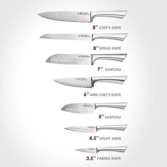 Cuisine::pro Damashiro Satori 8-Piece Japanese Steel Kitchen Knife Set Transparent Display Magnetic Block with Acacia Wood Chopping Board for Convenient Knife Storage and Everyday Food Preparation