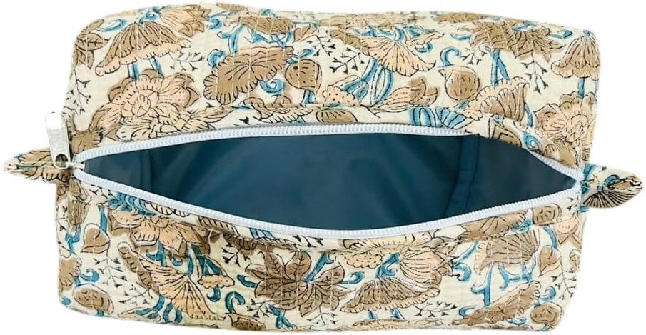 HyperionFlo Essentials 3-Piece Floral Quilted Cotton Travel Cosmetic Pouch Set, Handblock Printed Organizers with Zipper Closure, Color #2