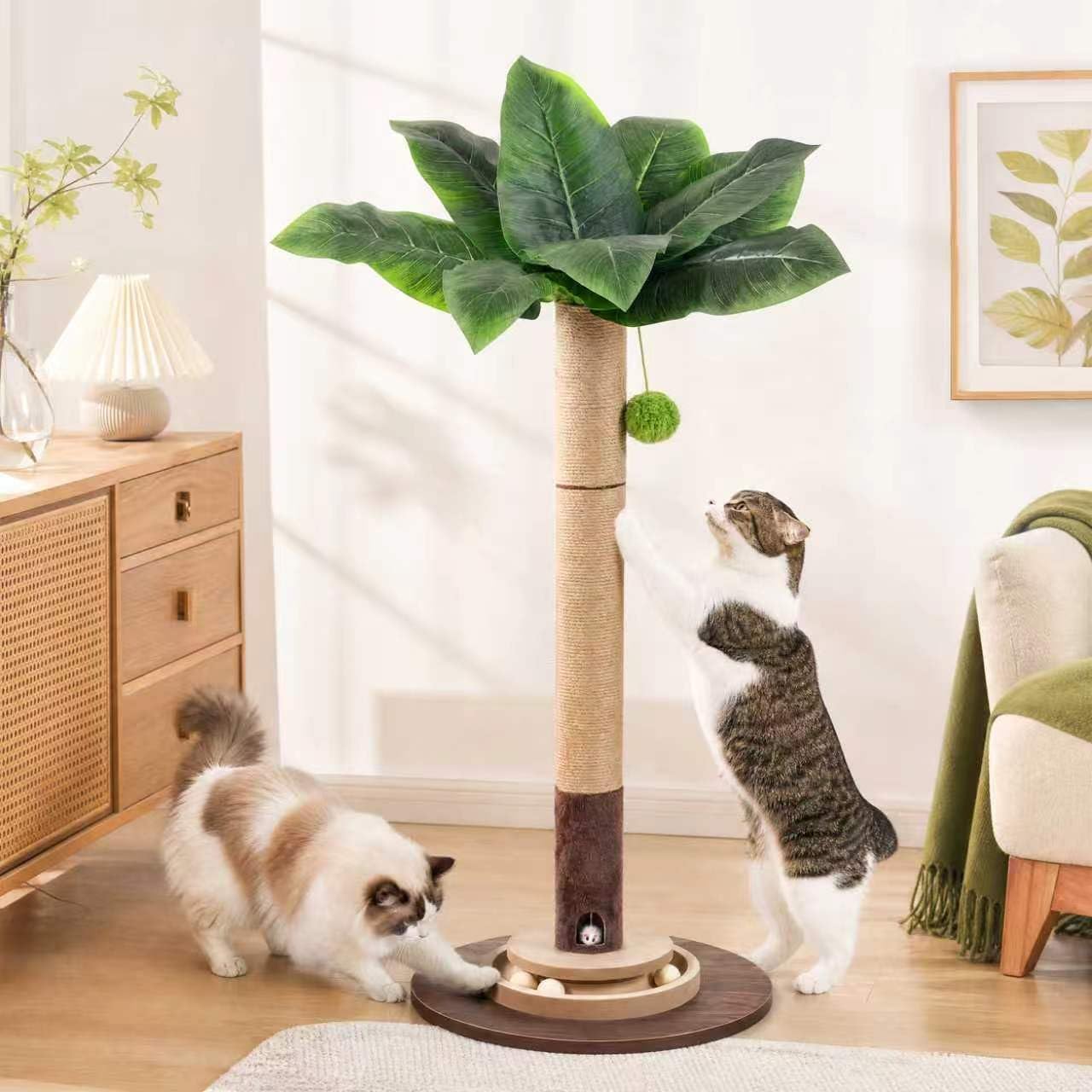40" Cat Scratching Post, Natural Sisal Rope Cat Scratcher Tree with Hanging Ball, Mouse Hole & Ball Track, Heavy-Duty Wood Base for Kittens & Adult Cats