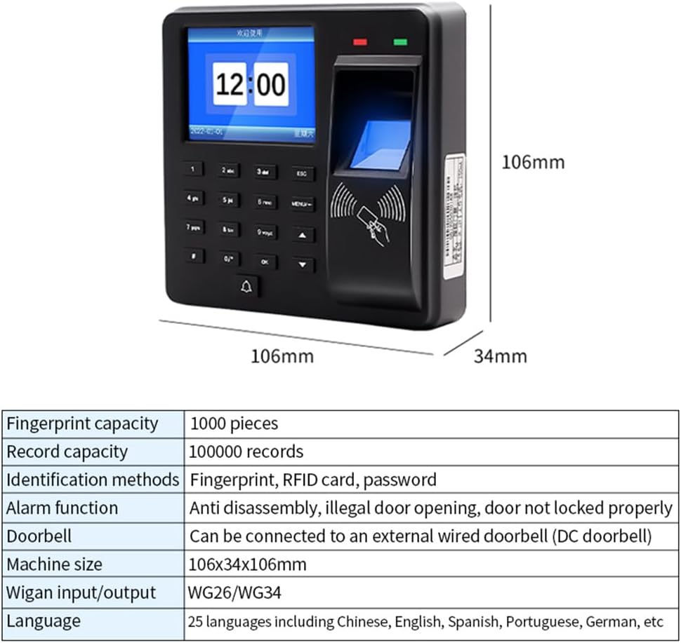 Access Control Time Attendance Machine Fingerprint Recognition/Password/Card Time Clock Employee Check-in Recorder with 10PCS Thick Card