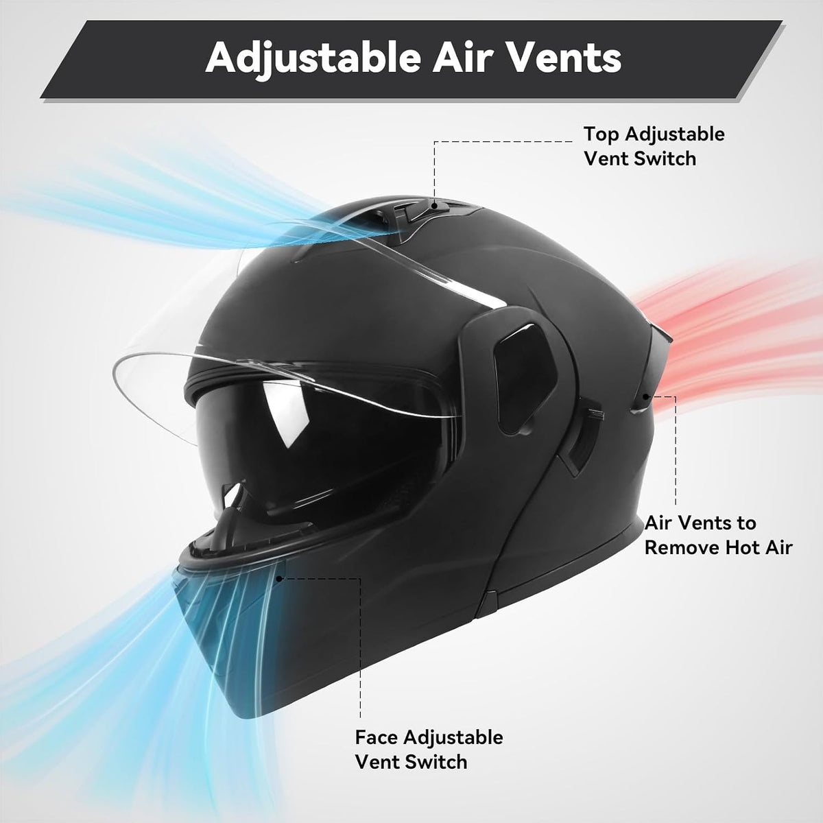 helmelkin Modular Flip-Up Motorcycle Helmet for Men & Women, DOT Approved Full-Face Helmet with Dual Visor, Ventilation & Adjustable Strap, Large, Black