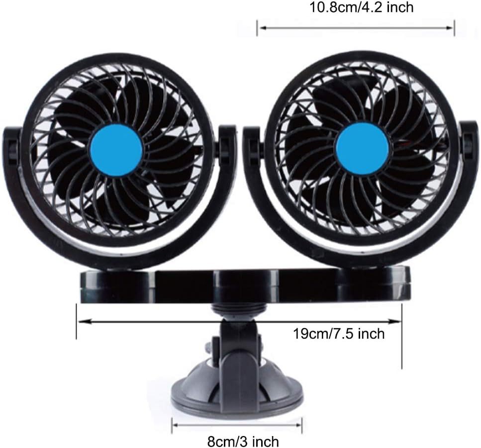 PME 12V Dual-Head Powerful Auto Fan | 2-Speed Car Fan with 360° Adjustable Heads, Suction Cup Mount & Cigarette Lighter Connector