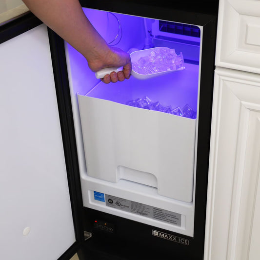 Maxx Ice 60 lb Freestanding Icemaker, Stainless Steel & Black Clear Ice Maker with 25 lb Storage Bin, Front-Breathing Built-In or Freestanding Design, Self-Cleaning