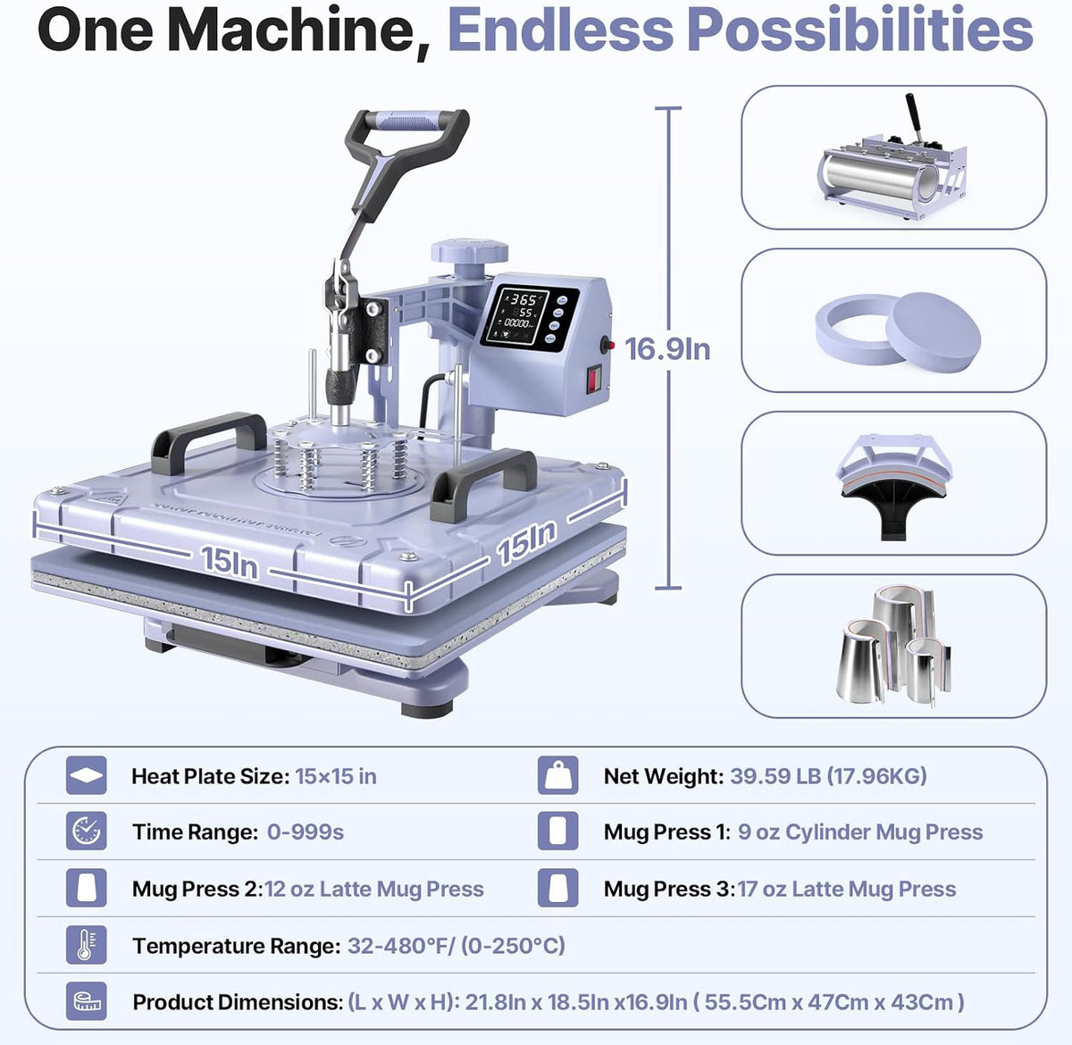 Slendor 15x15 inch 8 in 1 Swing Away Heat Press Machine for T Shirts Expand DIY creations with 8-in-1 press for T-shirts, tumblers, mugs, hats & gifts for small businesses