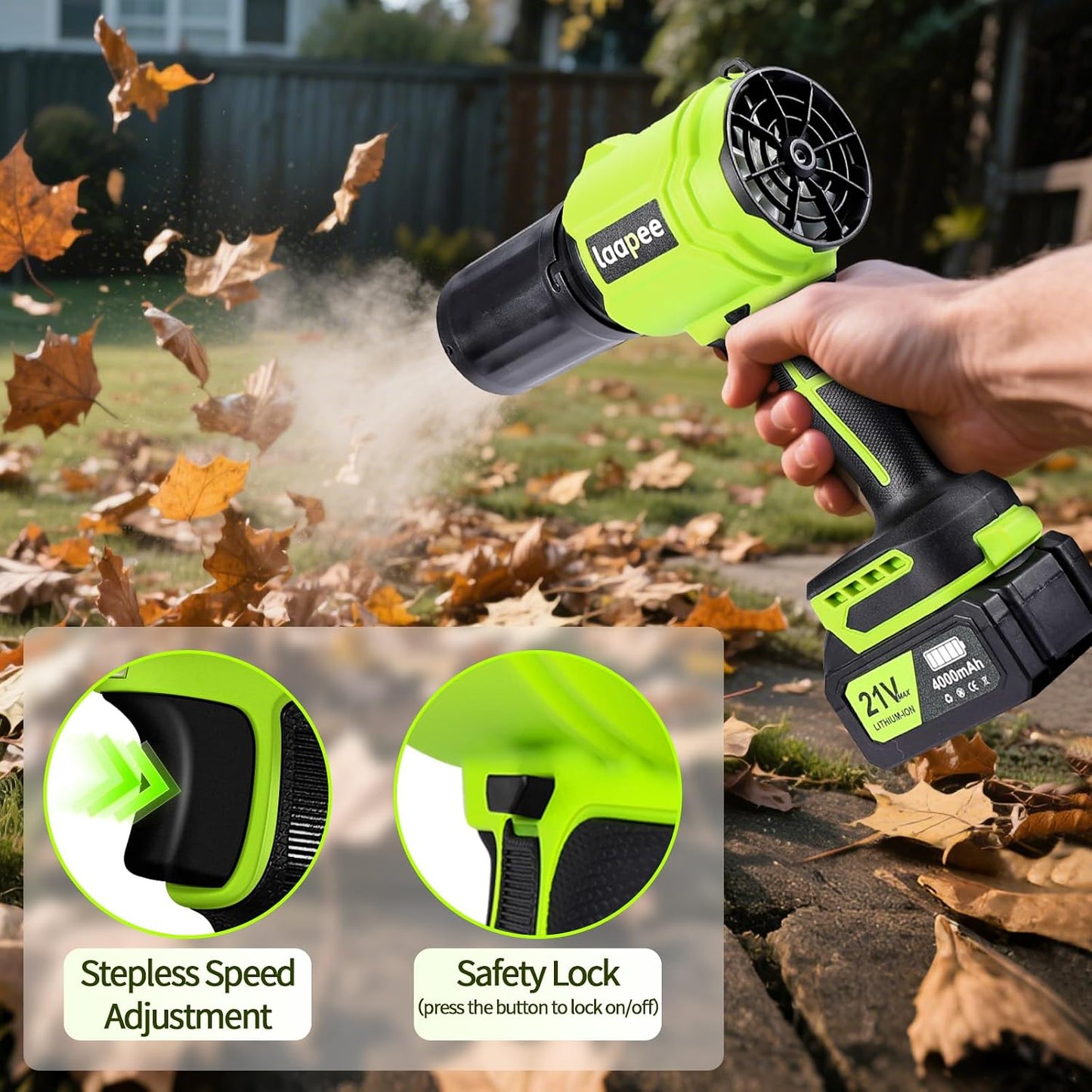 laapee Cordless Handheld Leaf Blower – 2x4.0Ah Batteries & Charger, Adjustable Speed, Green