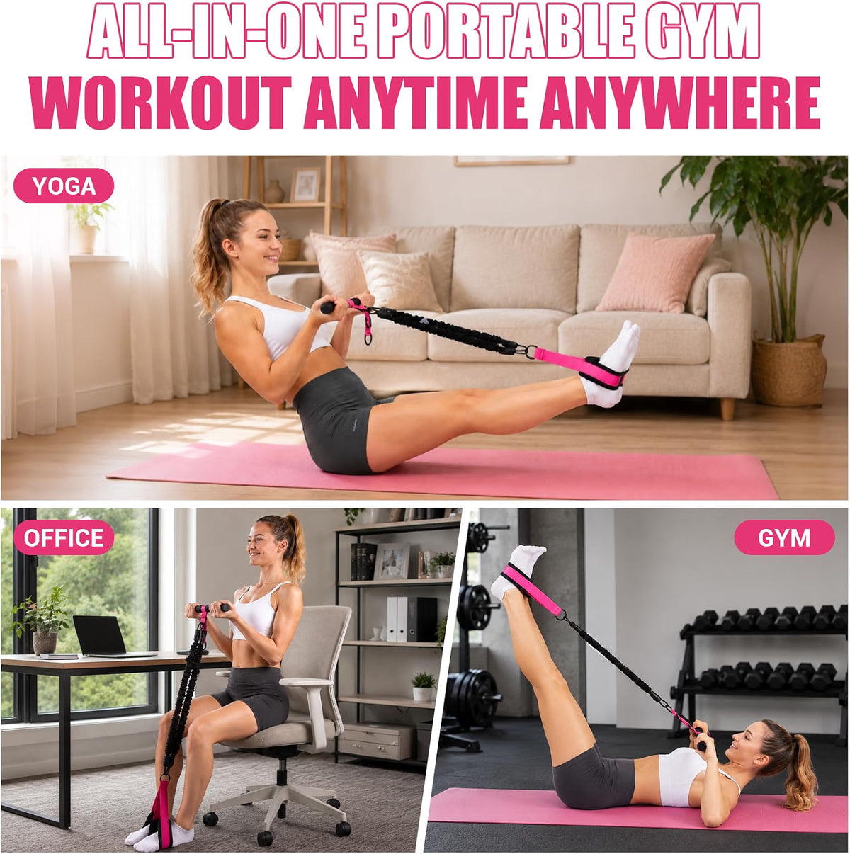 COFOF Adjustable Pedal Resistance Band with Handles, 2 x 30LB Resistance Bands, Foot Pedals, Training Poster & Carry Bag, Full-Body Home Workout Equipment, Pink