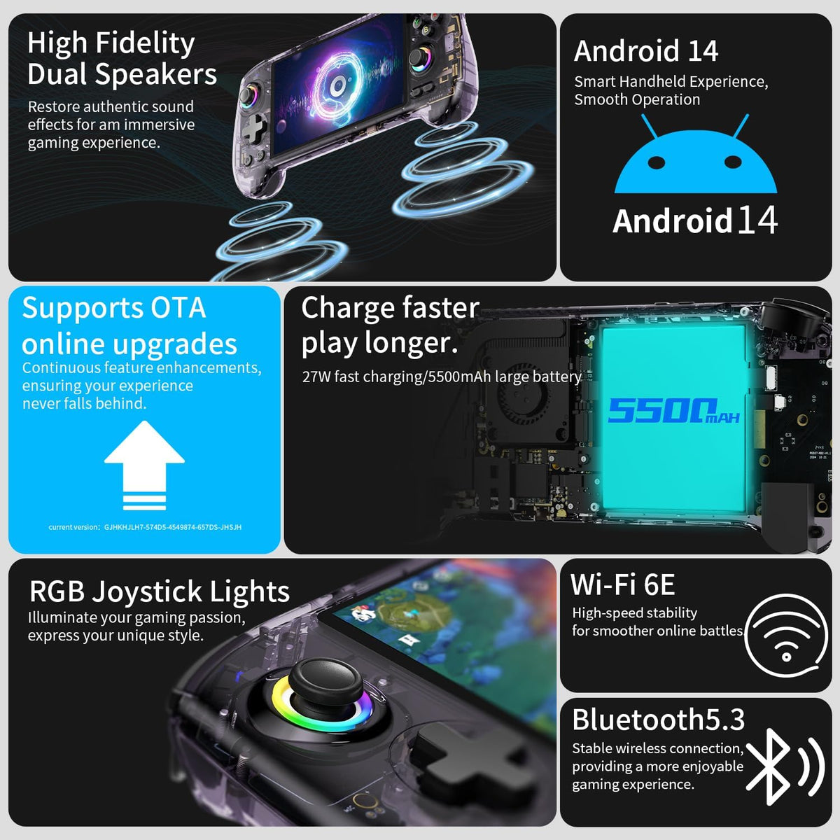 Doriteney RG557 Retro Handheld Game Console Android 14 Gaming Console 5.48" AMOLED HD Screen NO Game Card Game Player Video Game Console Support RGB Lighting 5500mAh Battery Purple