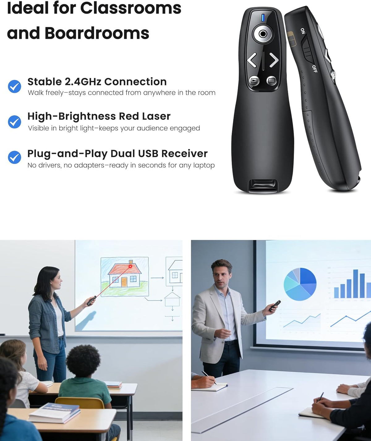 Presentation Clicker with USB-A & USB-C Receiver, 2.4GHz Wireless Presenter Remote with Volume Control & Red Light Pointer, Clicker for PowerPoint Slides Slide Advancer for Mac Computer, Plug & Play