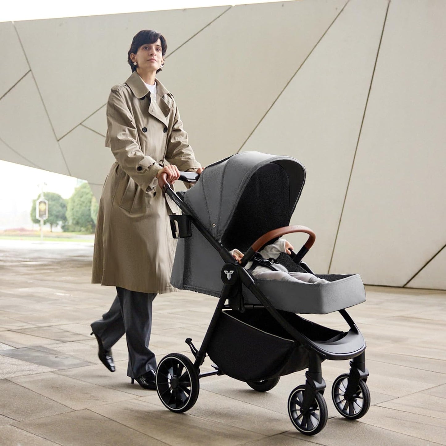 Tinyiota Baby Stroller with UPF 50+ Canopy, One-Hand Fold, Leather Handle, Reclining Seat, Grey