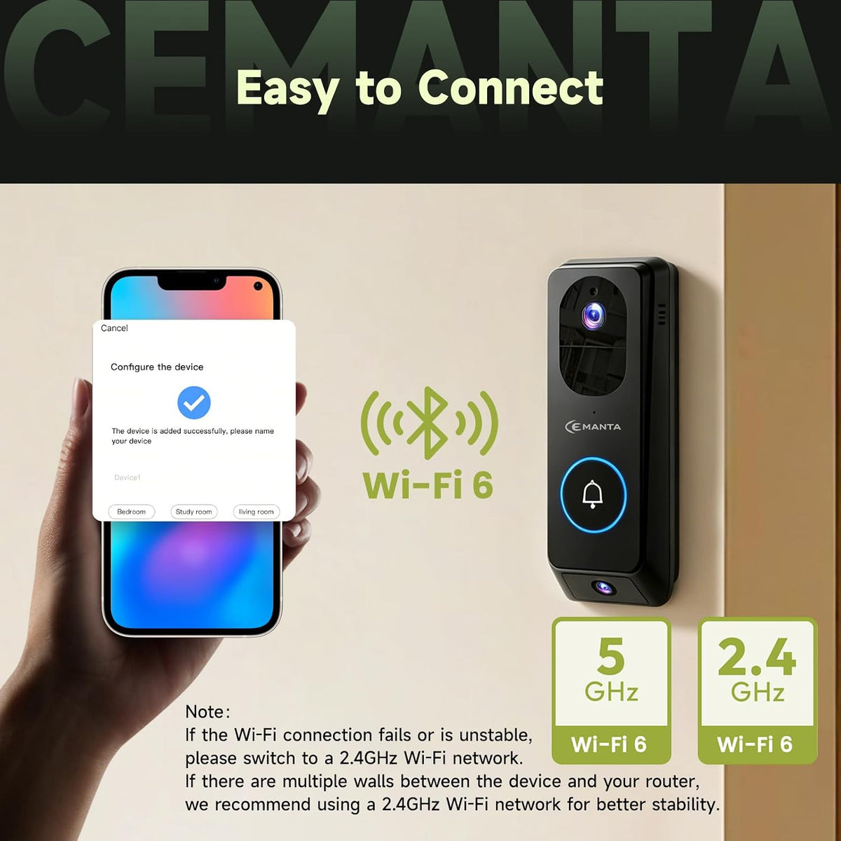 CEMANTA 2K Wireless Video Doorbell Camera with Chime, Dual-Camera 190° Wide View, AI Human Detection, Night Vision, 2-Way Audio, 9000mAh Battery