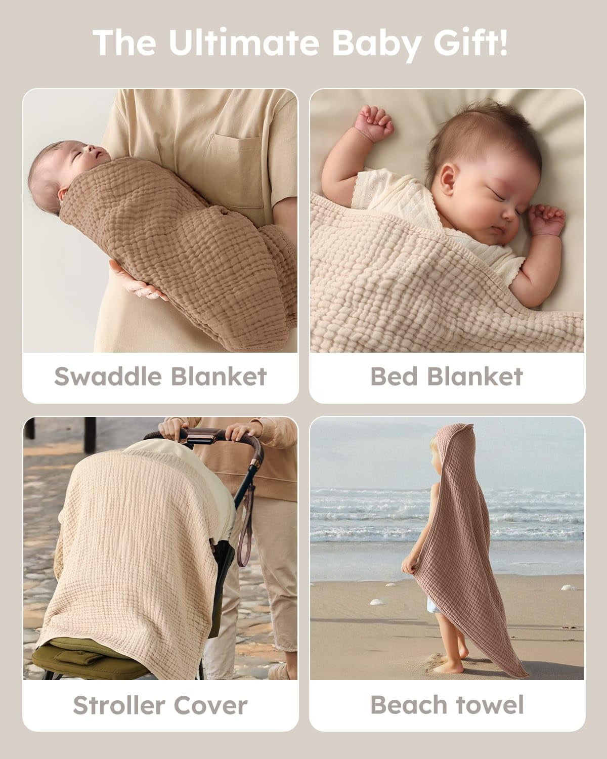 Yoofoss Hooded Baby Bath Towels, 2-Pack 100% Muslin Organic Cotton Baby Towels with Hood, 32 x 32 Inch, Soft & Absorbent, Beige & Coffee