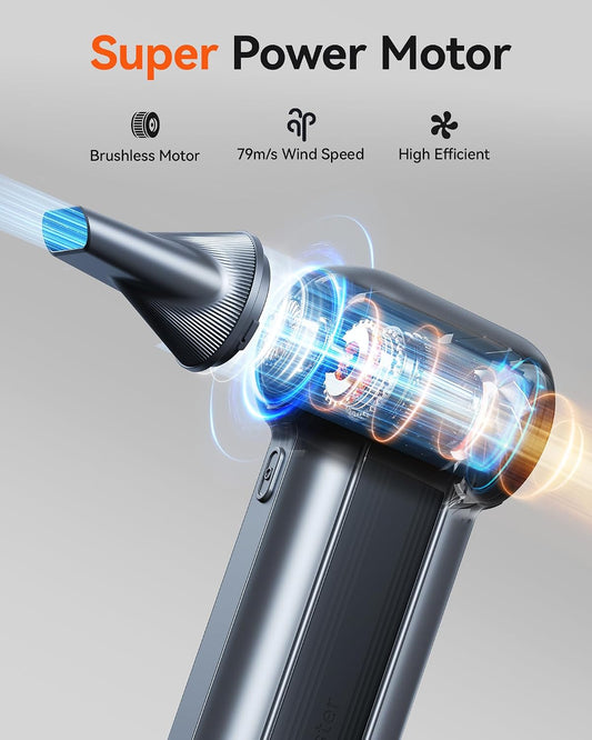 WOLFBOX MF100 Compressed Air Duster, 150000RPM Turbo Fan, 45 m/s Airflow 3-Gear Adjustable Speed, Type-C Fast Charging, Lightweight 0.66 lb, 5 Nozzles & 2 Brushes, For Computer Keyboard Car Outdoor