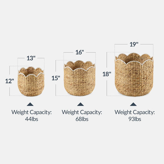 Best Choice Products 3pc Water Hyacinth Scalloped Multipurpose Nesting Baskets, Storage Bin Organization Totes for Living Room, Bedroom, Nursery, Laundry Room - Natural w/White Trim