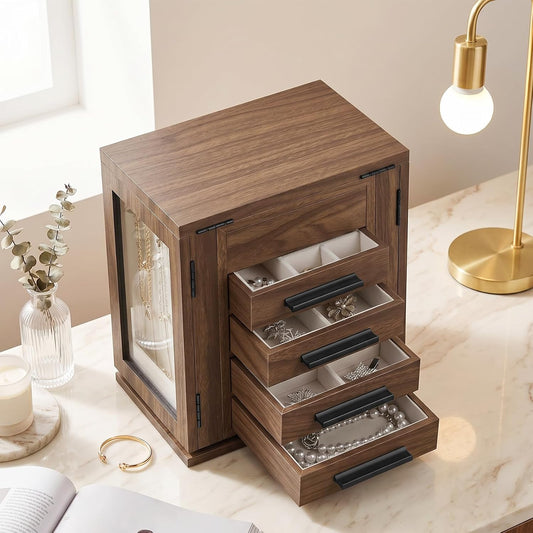 HOOBRO 360° Rotating Jewelry Box with Mirror, Wooden Jewelry Organizer Box 4 Drawers, 3 Transparent Acrylic Doors, Large Jewelry Storage Box for Necklaces, Rings, Bracelets, Earrings, Walnut BH31JB04