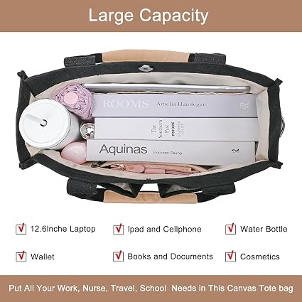 GASSDA Canvas Tote Bag for Women, Large Work Purse with Laptop Sleeve, Pockets, Zipper Closure & Adjustable Crossbody Strap, Black