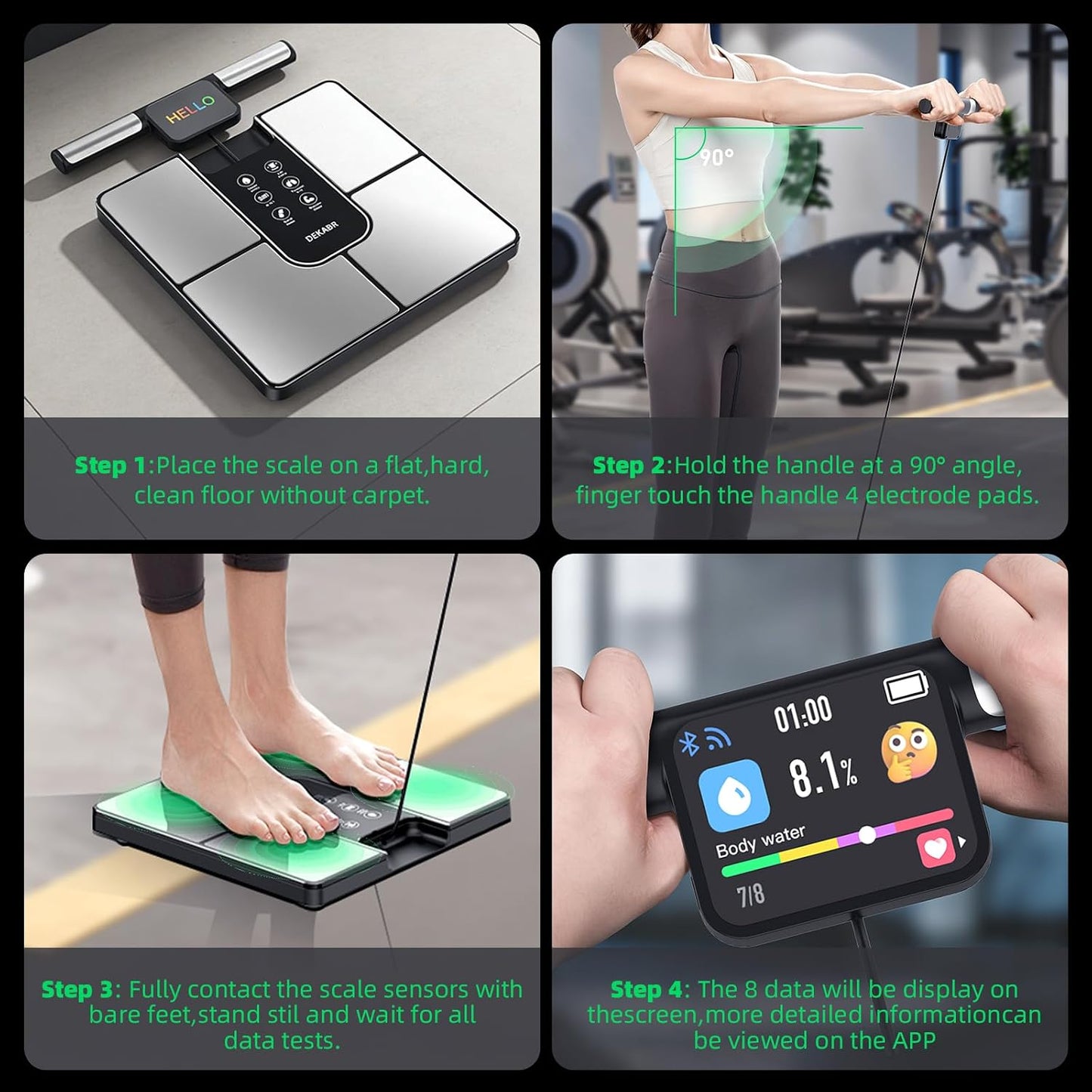 DEKABR Smart Body Composition Scale – BMI, Body Fat, Muscle Mass, TFT LCD Handle, 57 Metrics, Black