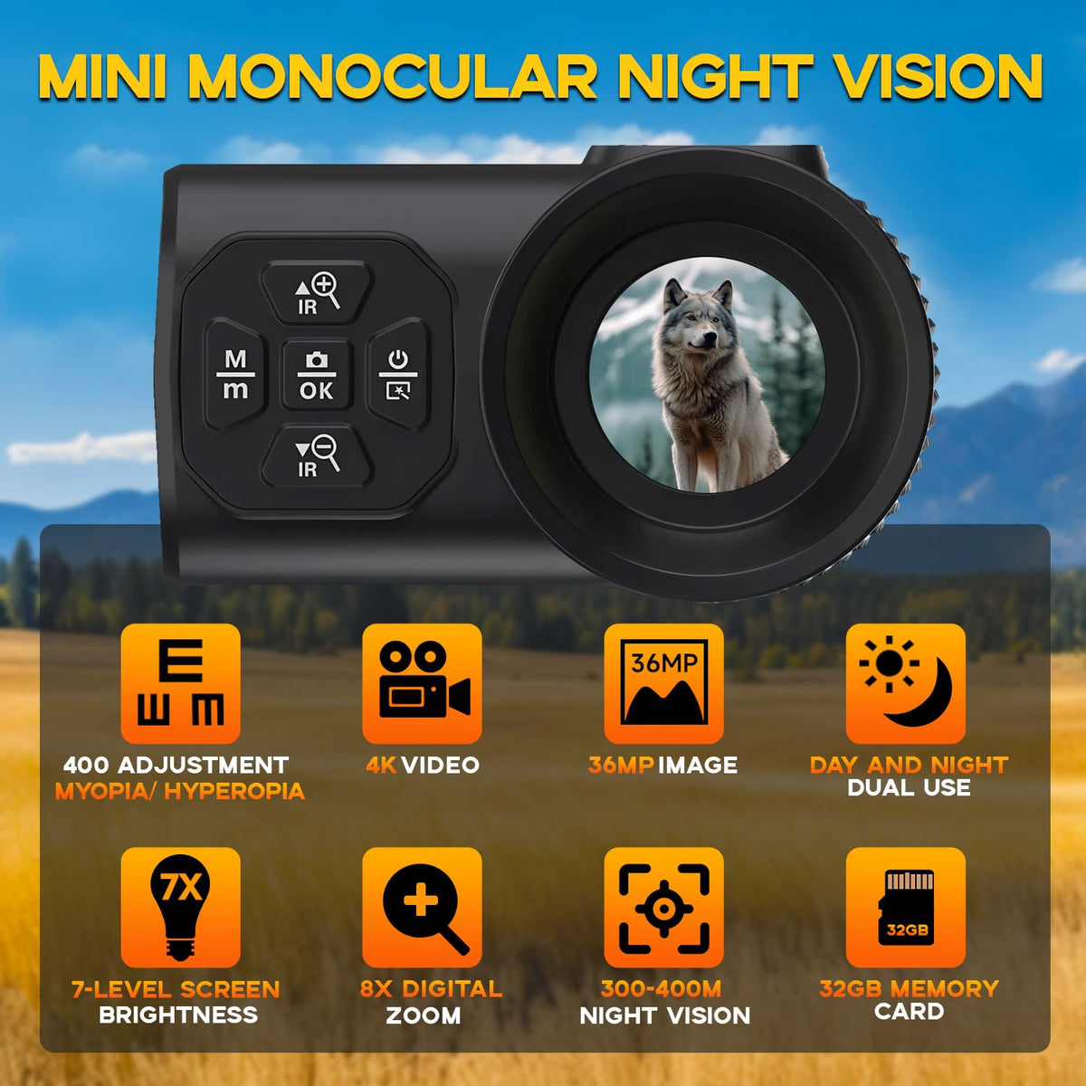 Wurapl 4K Night Vision Monocular for Adults, Digital Infrared Night Vision Device with Starlight Sensor, 7-Level IR Brightness, 8X Digital Zoom, 300–400M Viewing Range, IP54, for Hunting, Wildlife & Outdoor Use
