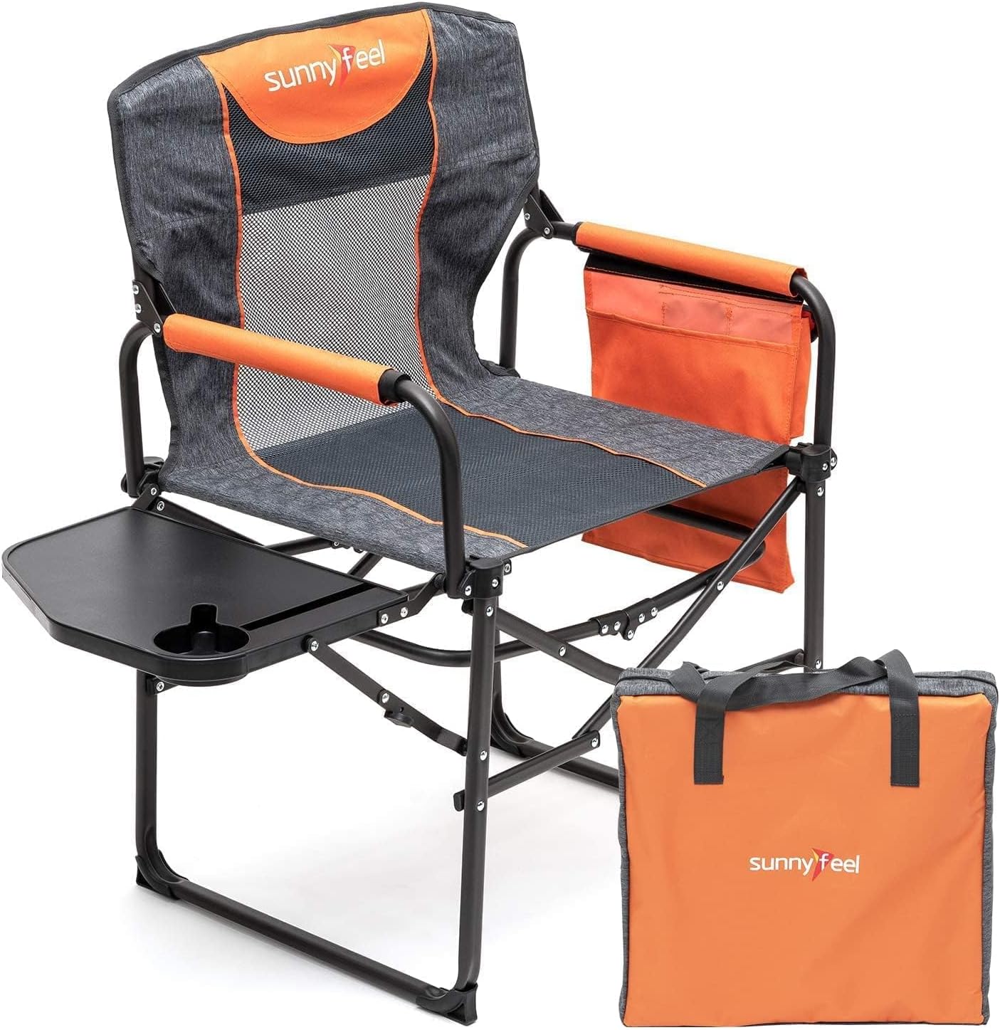 SUNNYFEEL Oversized Camping Chair Portable Directors Chairs with Side Table Heavy Duty Folding Lawn Chair for Adults 300LBS with Compact Size, Breathable Mesh, Pocket & Carry Bag for Outdoor, Lawn, RV