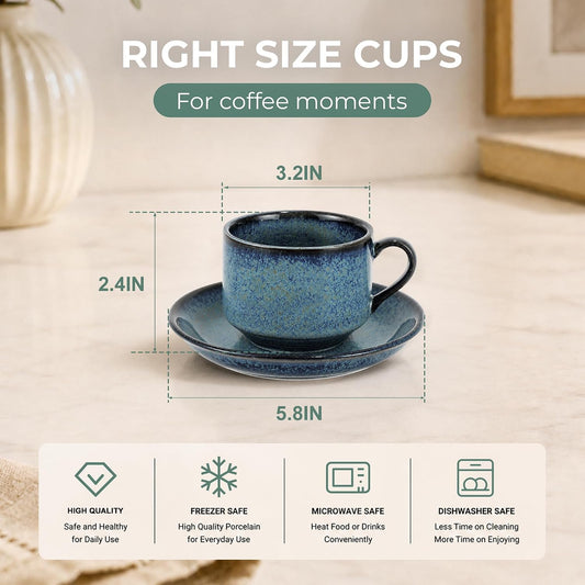 8 Ounce Cappuccino Cups Set of 4, Reactive Blue Stackable Demitasse Mugs, Includes Display Stand, Cups Saucers, and Spoons, for Machines & Home Use