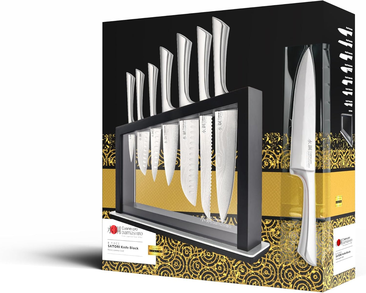 Cuisine::pro Damashiro Satori 8-Piece Japanese Steel Kitchen Knife Set Transparent Display Magnetic Block with Acacia Wood Chopping Board for Convenient Knife Storage and Everyday Food Preparation