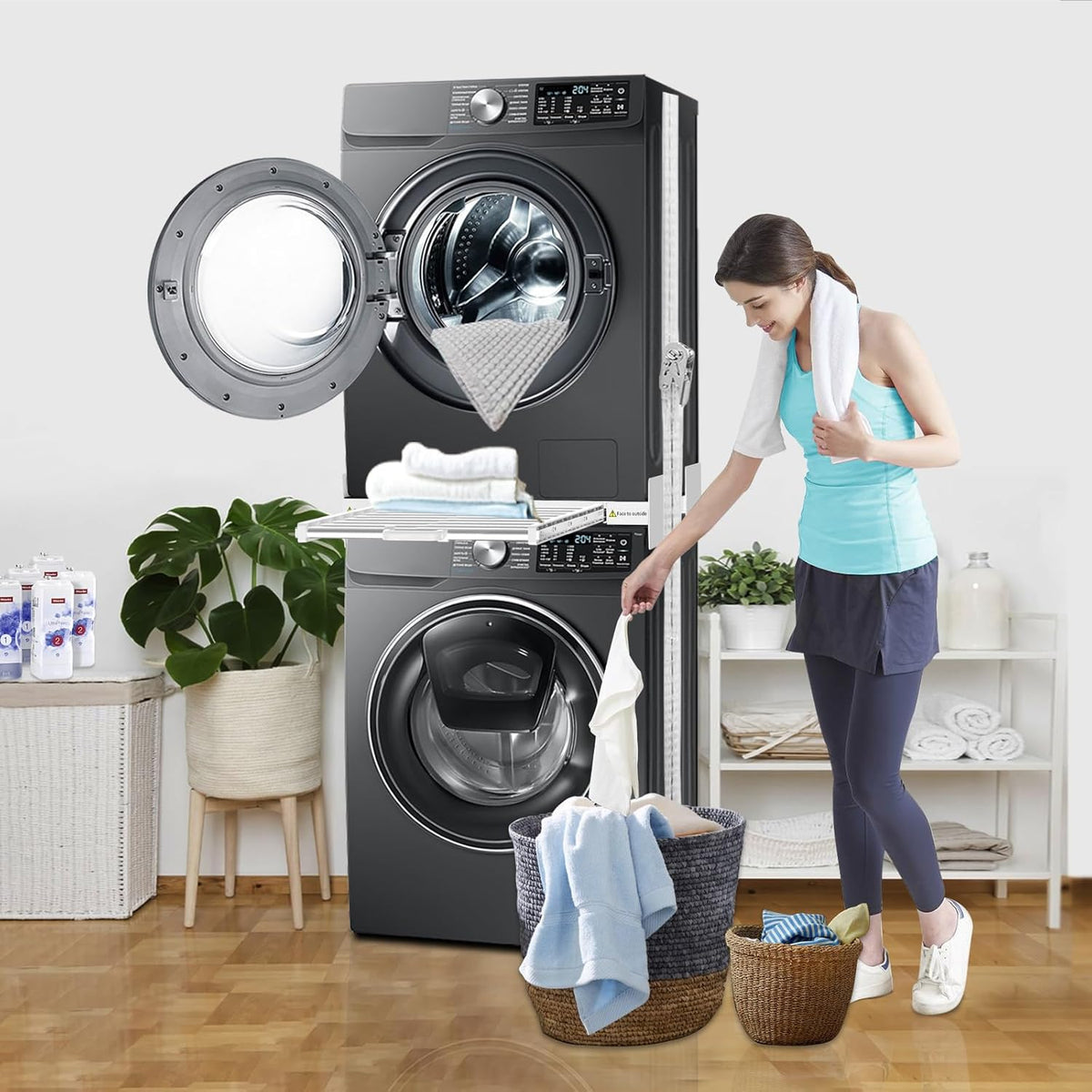 Washer Dryer Stacking Kit 29 inch - Universal Washer and Dryer Stacking Kit with Pull Out Drying Rack - Adjustable 29"/28"/27"/26"/25"/24" Stacking Kit with Ratchet Strap - Space-Saving