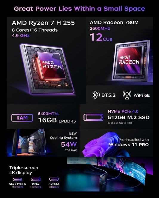 ACEMAGICIAN S3A Mini PC, Ryzen 7 H 255 (Up to 4.9GHz, 8C/16T), Radeon 780M Graphics, 16GB LPDDR5 RAM, 512GB PCIe4.0 SSD, Mini Desktop Computer for Content Creation, Programming, Gaming & Home Office