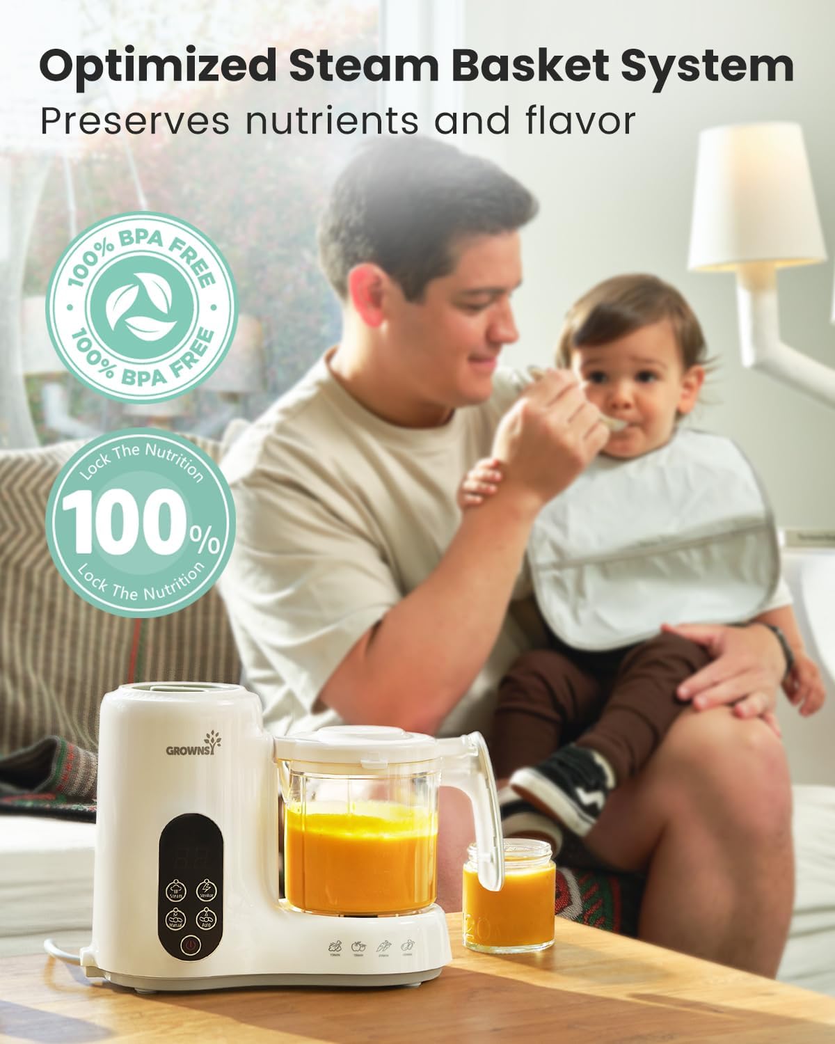 Grownsy Baby Food Maker, Steamer & Blender Baby Food Processor, White BPA-Free Elevated Steam Basket, Healthy Homemade Baby Food Purees, Starting Solids & BLW, Baby Feeding Essentials, 6+ Months