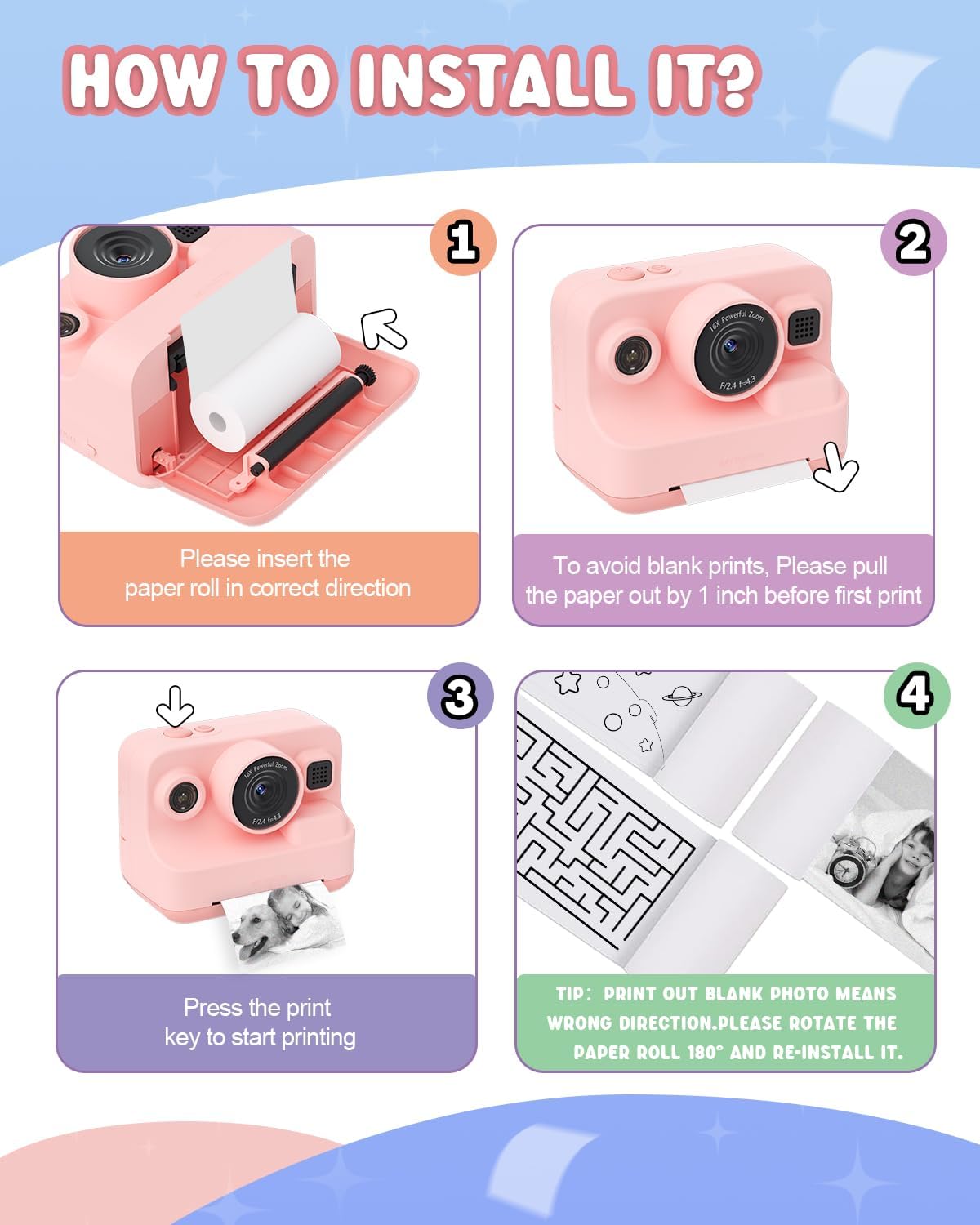 Dylanto Kids Instant Print Camera BLL2, 1080P Digital Camera with Thermal Printer, 2.4" Screen, 16X Digital Zoom, 32GB Memory Card, 3 Paper Rolls, Pink