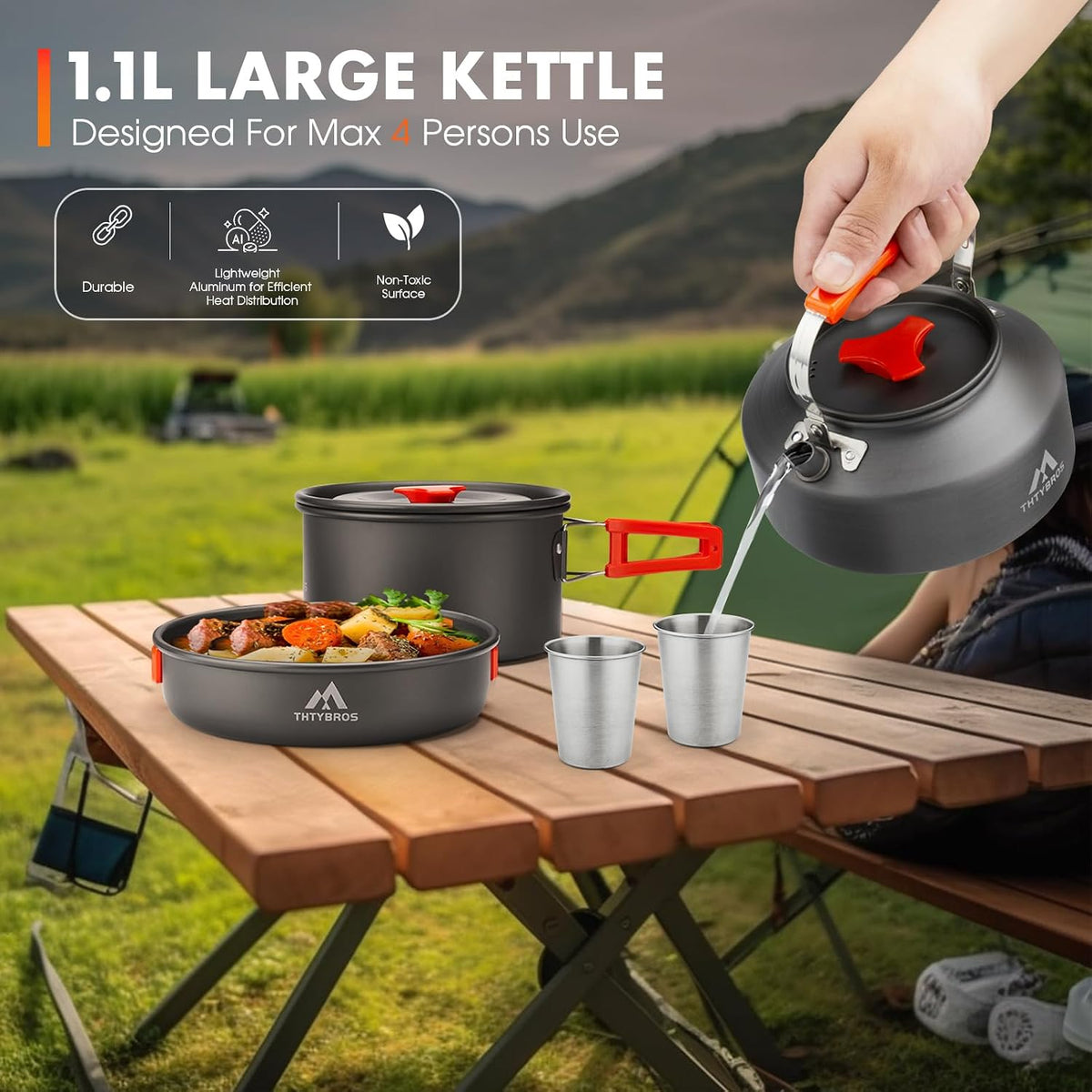THTYBROS 17-Piece Camping Cookware Mess Kit, Hard-Anodized Aluminum Camping Cookware Set with Pot, Kettle, Frying Pan, Cups, Plates & Utensils for Camping, Backpacking & Picnic, Gray