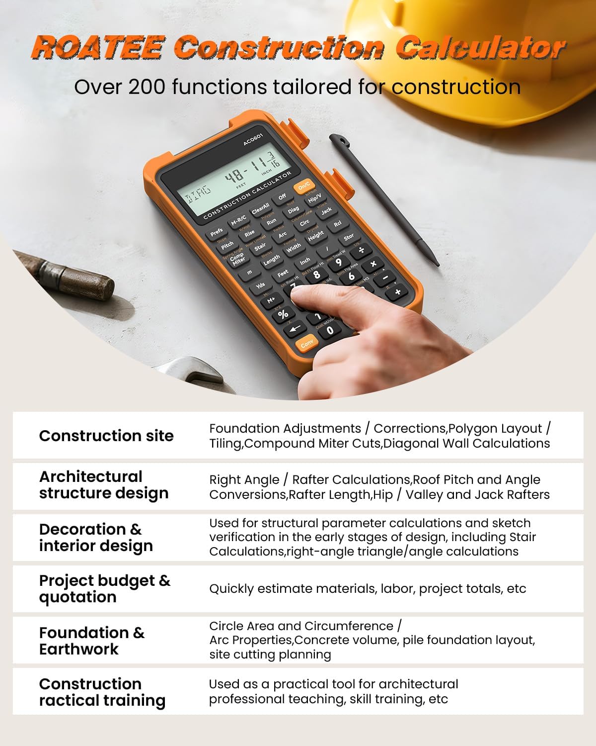 Construction Calculator with Writing Tablet Industrial & Scientific ROATEE Engineering Calculator for Contractor, Concrete Pocket Feet-inch-Fraction Calculators for Carpenter, Framer, Remodeler