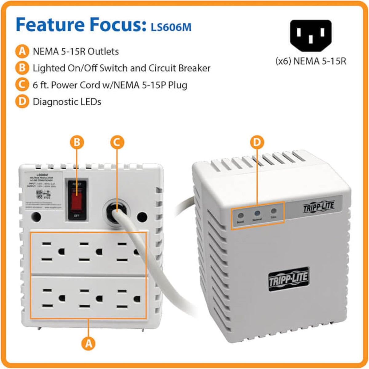 Eaton Tripp Lite LS606M Power Conditioner Surge Protector 600W 6 Outlets, 120V Automatic Voltage Regulator, 20dB EMI/RFI Line Filter, 720 Joules