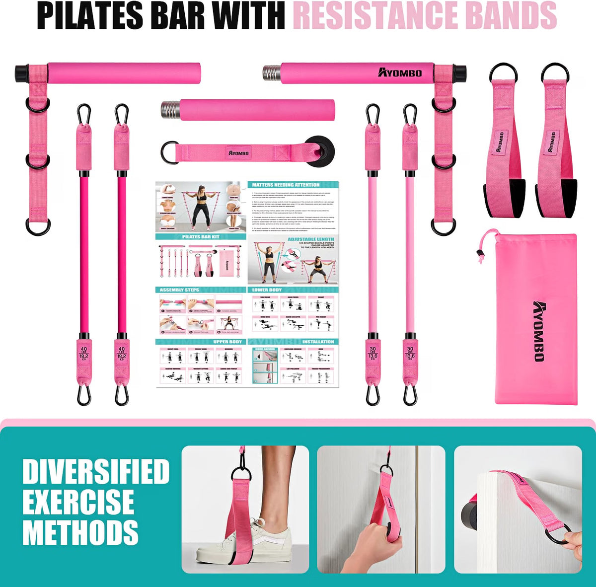 Ayombo Pilates Bar Kit with Resistance Bands, Adjustable 3-Section Exercise Bar for Legs, Hips, Waist & Arms, Full-Body Home Workout Equipment for Women & Men, Pink