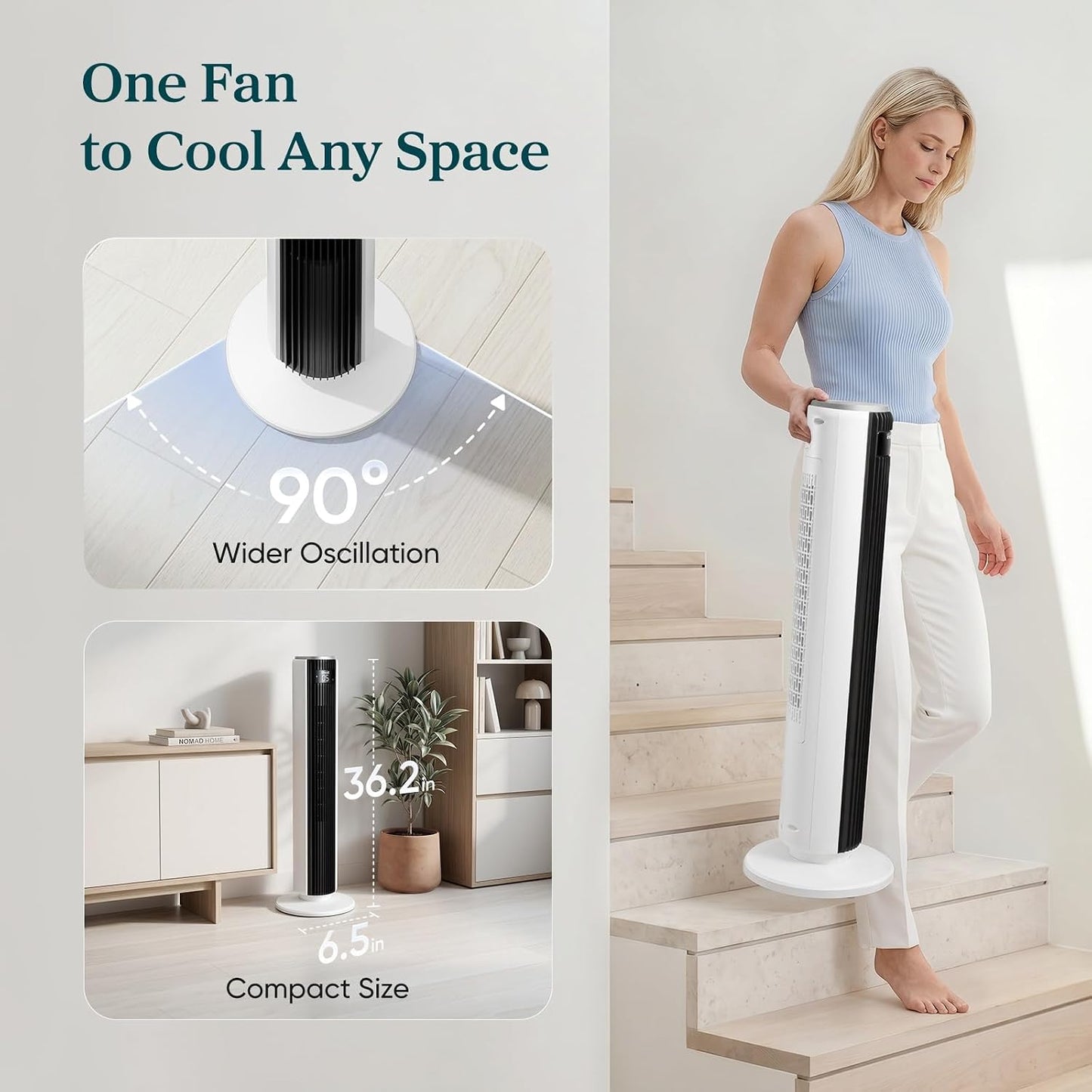Levoit Tower Fan for Bedroom, 28ft/s Fans that Blow Cold Air, 28dB Quiet Standing Floor Fan for Room, 90° Oscillating, 5 Speeds 4 Modes & Temp Sensor, Bladeless, 12H Timer, Remote, 36 inch, White