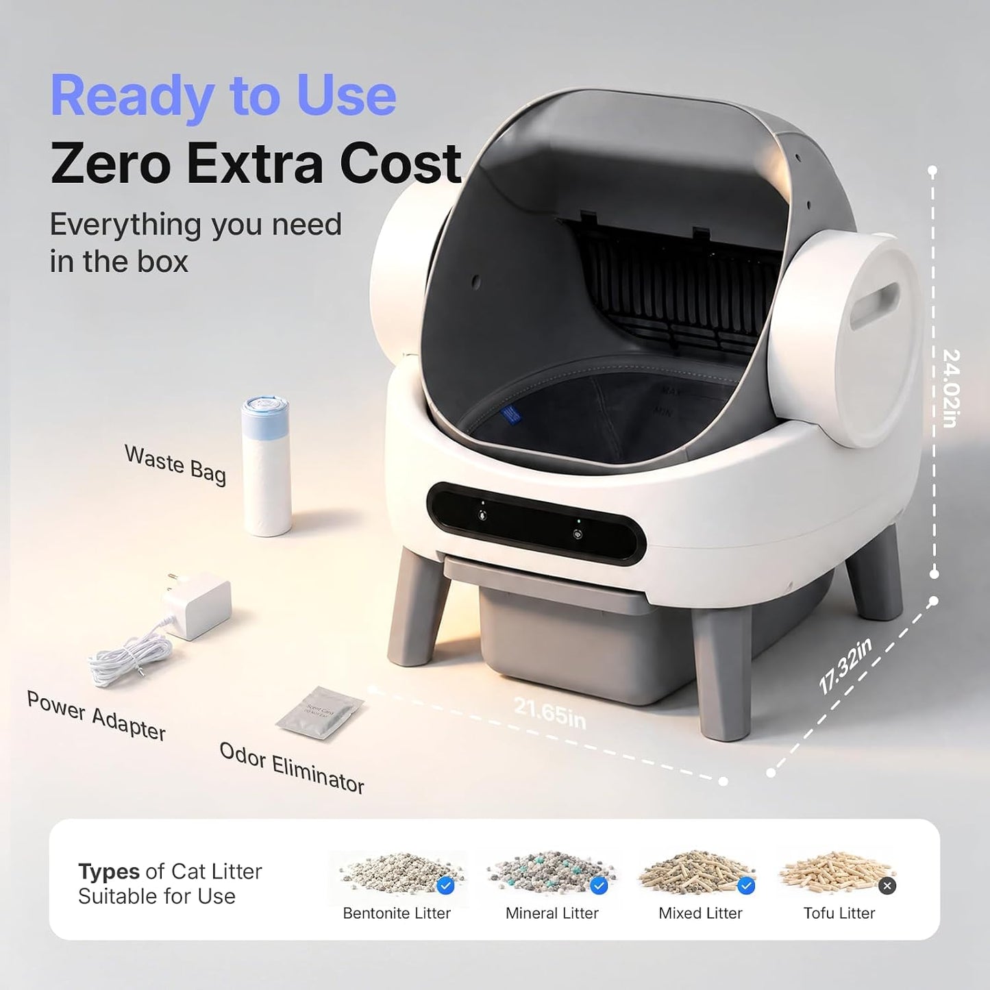 Self Cleaning Litter Box, Automatic Litter Box for Multiple Cats Open-Top Automatic Litter Box with Safety Sensors, 8L Large Waste Drawer, Includes Waste Bag and Odor Eliminator, White