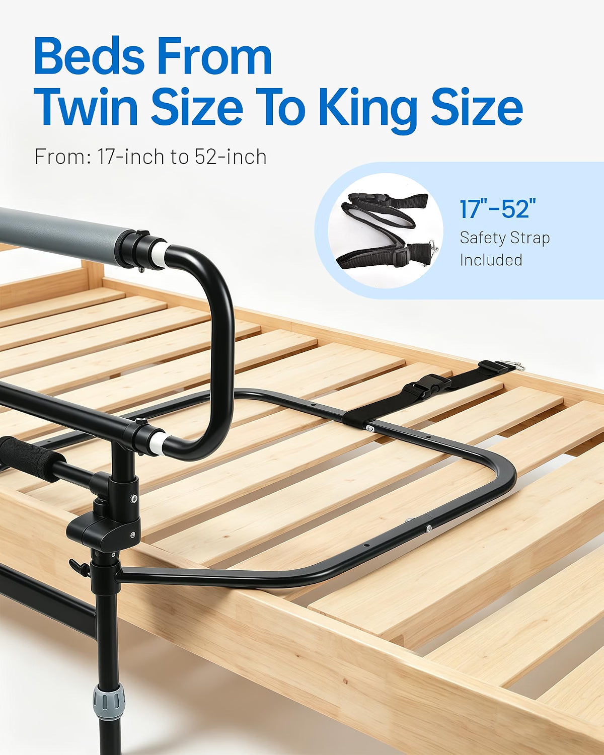 HyperionFlo Essentials Foldable Safety Bed Rail, Adjustable Height Bed Assist Rail with Storage Pocket, Steel Bedside Support Handle, Black
