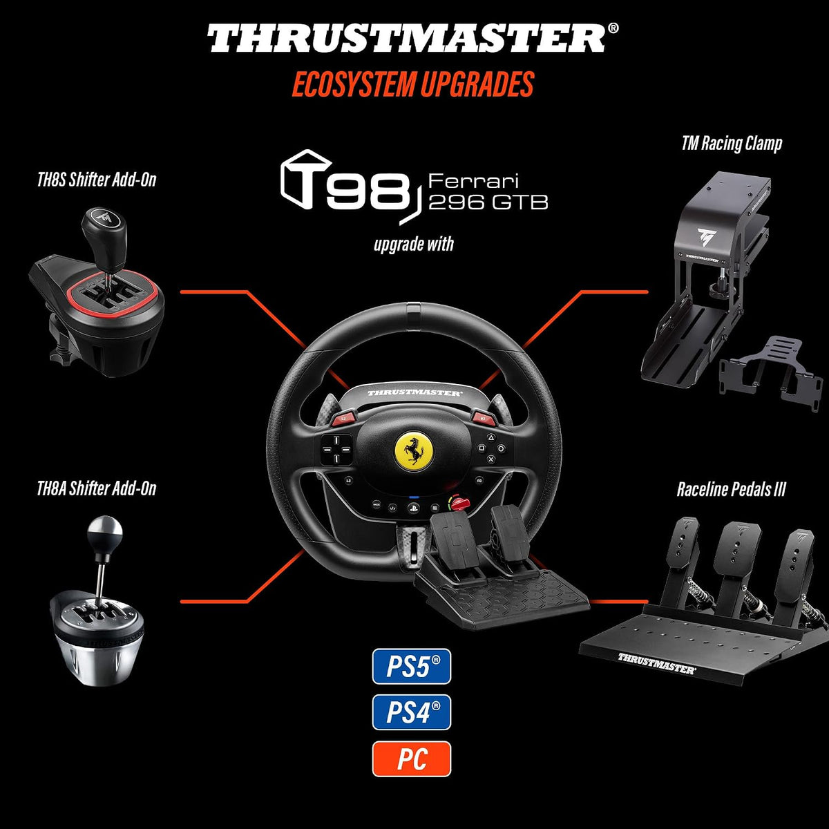 Thrustmaster T98 Ferrari 296 GTB - Racing Wheel and Pedal Set - PS5 & PC Beginner racing wheel, officially licensed by Ferrari, linear resistance, automatic return to centre, paddle shifters