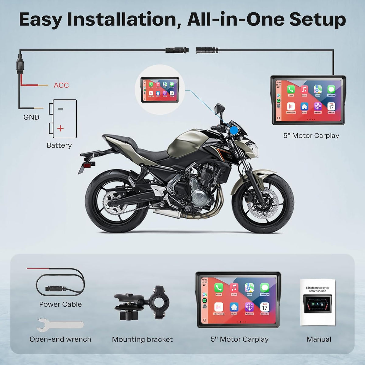 WonVon 5 Inch Motorcycle Carplay GPS Navigation System with Apple Carplay and Android Auto Portable Screen with Dual Bluetooth, Navigation, Siri, Google Assistant(Not Inchluded TPMS)