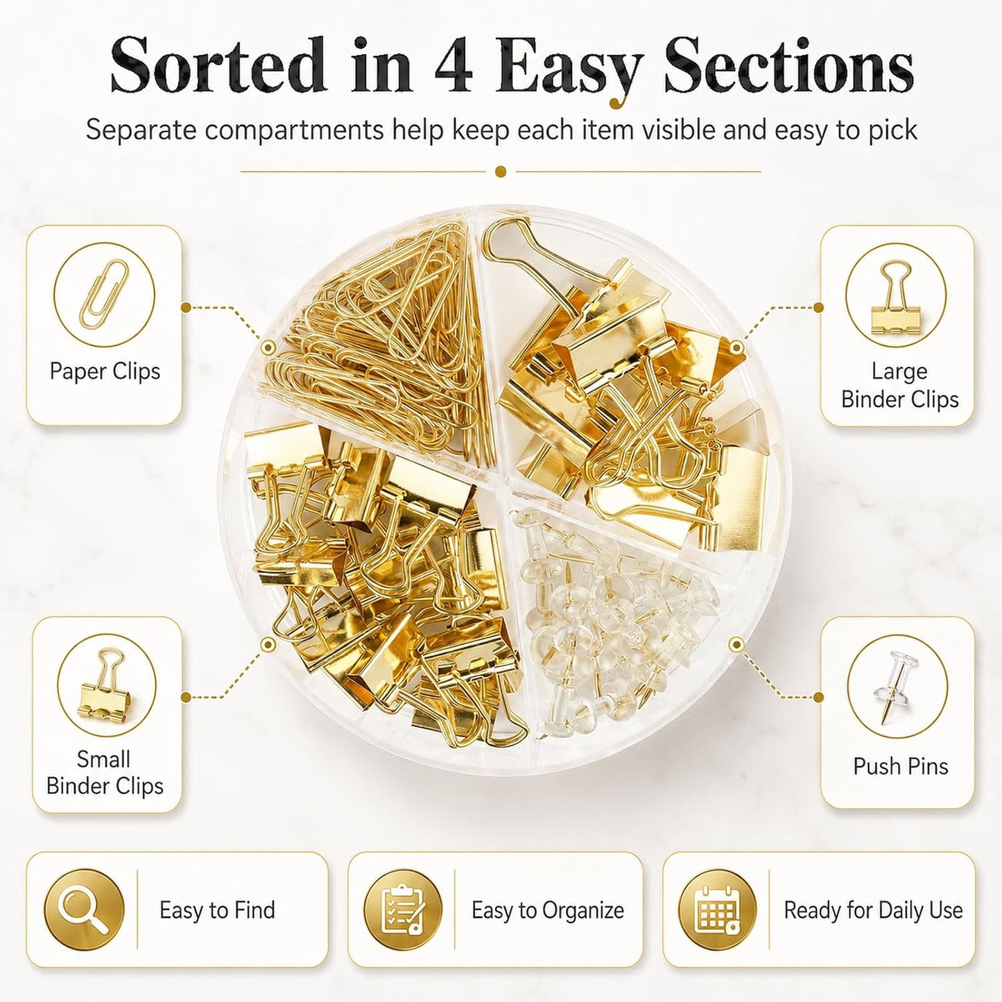 CREECHWA Paper Clips Binder Clips and Push Pin Set, 72-Piece Assorted Size Desk Organizer Kit, Gold