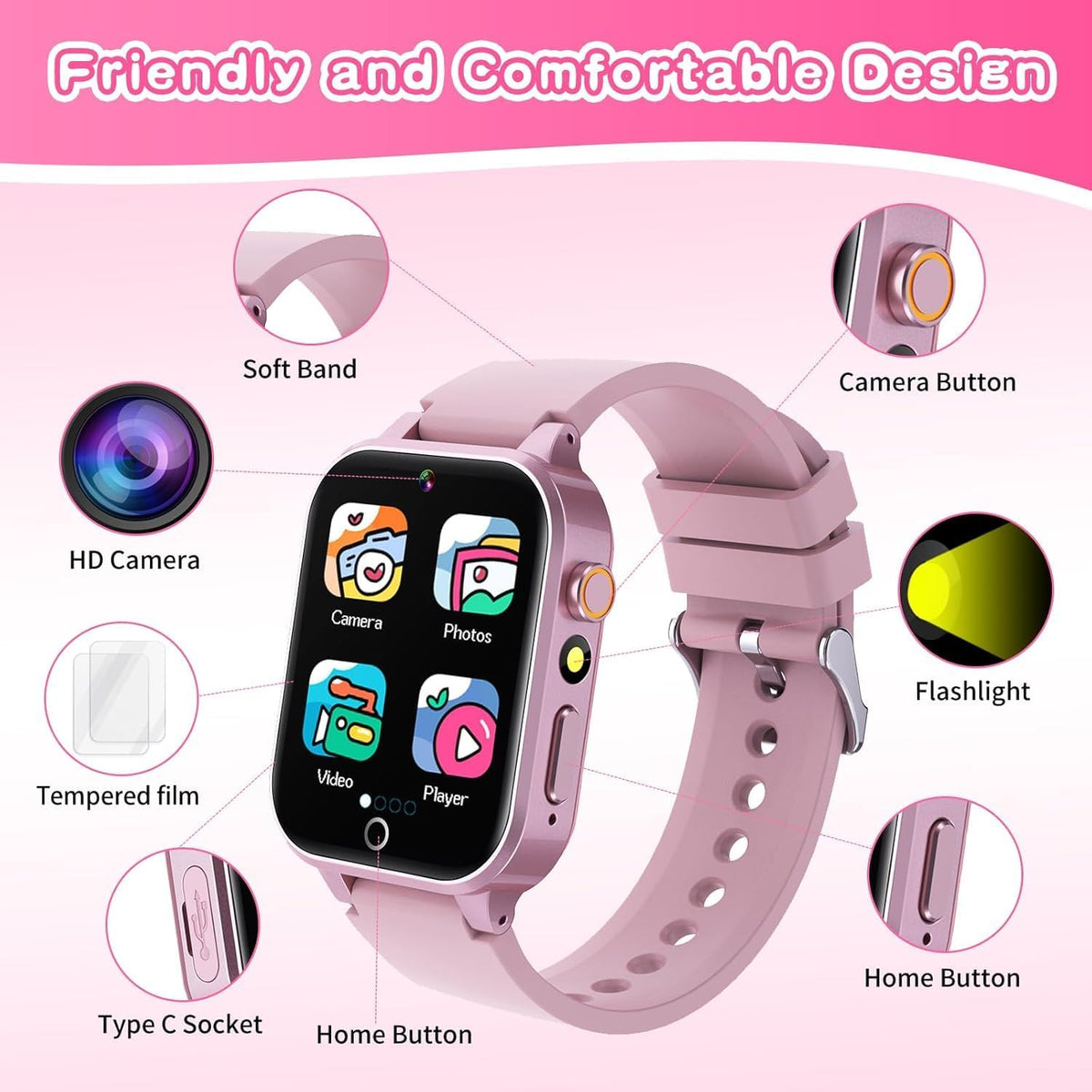 Cosjoype D07 Kids Smart Watch for Girls Ages 5-12, 39 Games, HD Touch Screen, Camera, Music Player, Pedometer, Flashlight, Habit Tracking, Pink