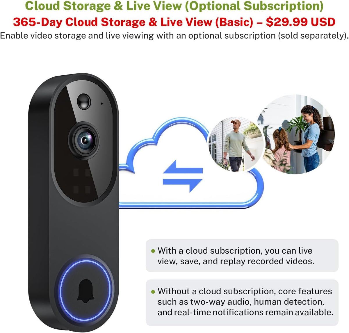 Lunelyx 1080P Wireless Video Doorbell Camera, AI Human Detection, Color Night Vision, 2-Way Audio, Motion Alerts, 2.4GHz Wi-Fi