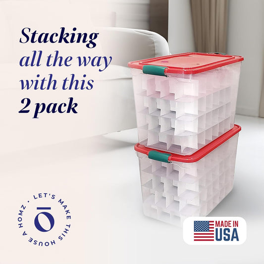 HOMZ Holiday Tote Plastic Storage Bin with Lid, 112 Qt, Clear/Red, 2 Pack Large Stackable Organization Container for Home, Garage, and Office Organization