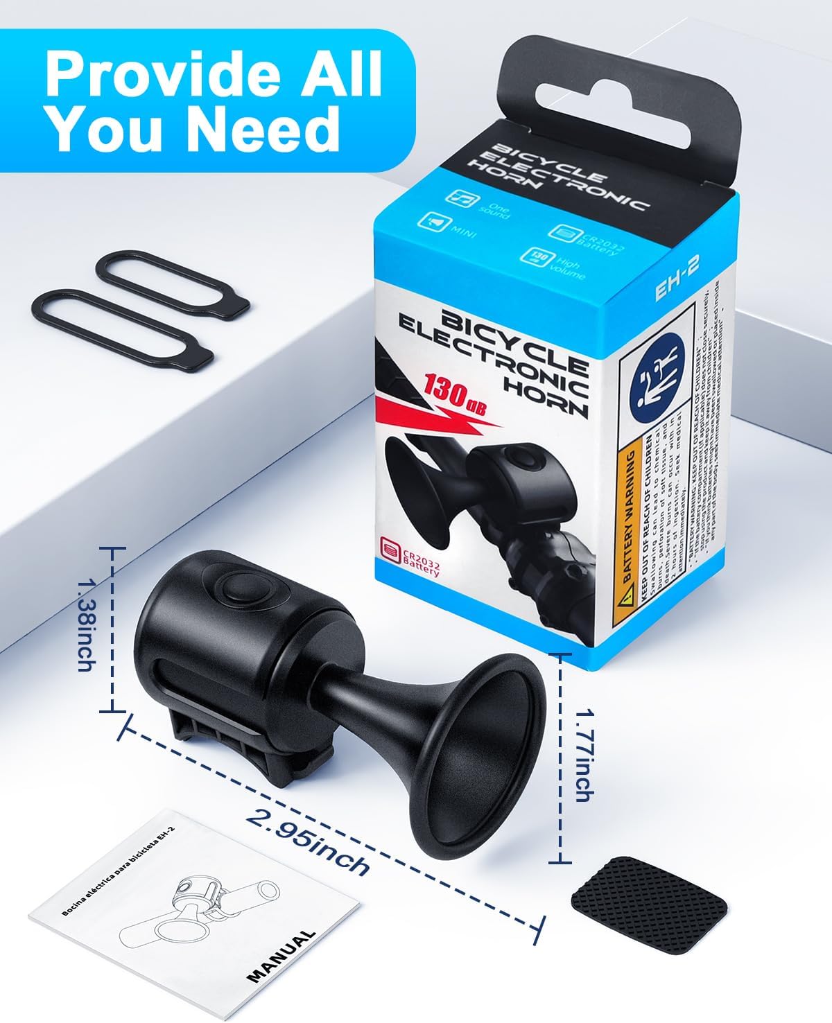 POWVINE Electric Bike Horn, 130dB Loud Bicycle Horn for 22.2–32mm Handlebars, IPX4 Waterproof Bike Bell with 2 CR2032 Batteries, Easy-Install Horn for Bikes, Scooters & E-Bikes, Black