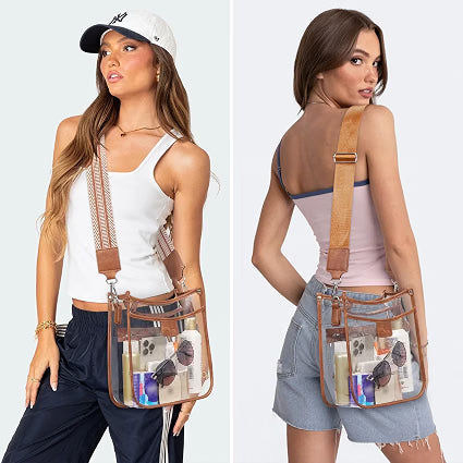 QOECI Clear Stadium Crossbody Bag, Stadium Approved Transparent Purse with 2 Adjustable Straps, 3-Pocket Clear Concert Bag for Sports Events, Brown