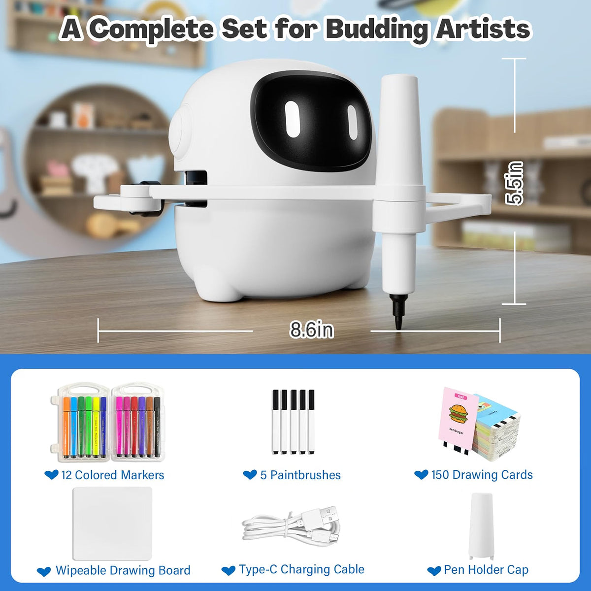 RIVGOT Drawing Robot for Kids with 150 Cards, Voice Interactive Educational Drawing Machine, Montessori Painting Learning Toy with 12 Markers, 5 Pens & Reusable Drawing Board, Ages 3-8