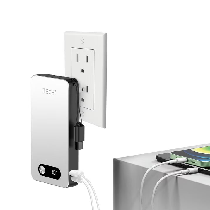 Tech Squared 10,000mAh Power Bank with Built-In USB-C Cable, AC Wall Plug, USB-A & USB-C Ports, LCD Battery Display & Lightning Adapter