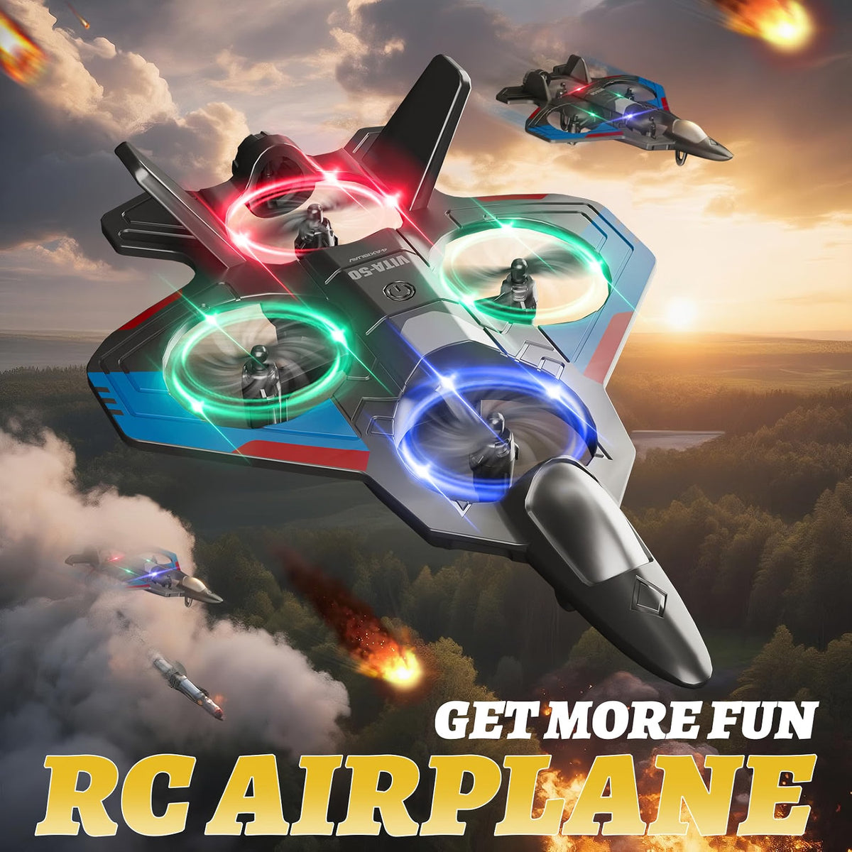 4DRC 4D-V50 Remote Control Airplane for Kids & Adults, 360° Stunt RC Fighter Aircraft with Headless Mode, Altitude Hold, 3-Speed Modes, LED Lights & Hand-Throw Takeoff, Black