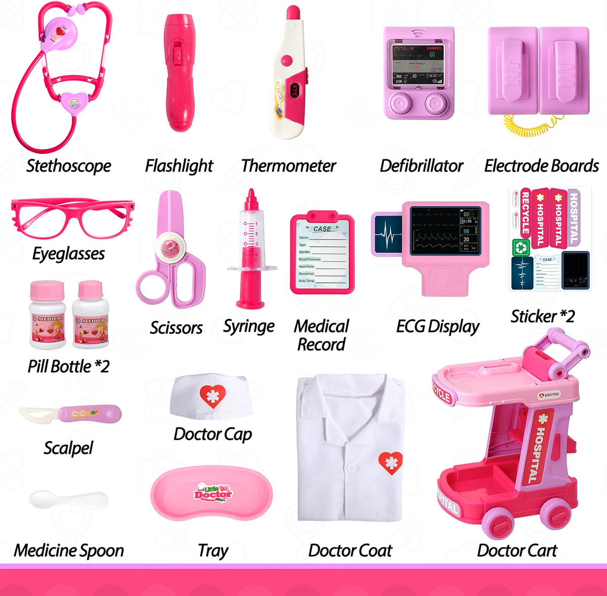 Liberry Kids Doctor Kit Toy with Pretend Doctor Cart, Medical Tools, Costume, Sound & Light Effects, Educational Role Play Set for Toddlers Ages 2-5, Pink
